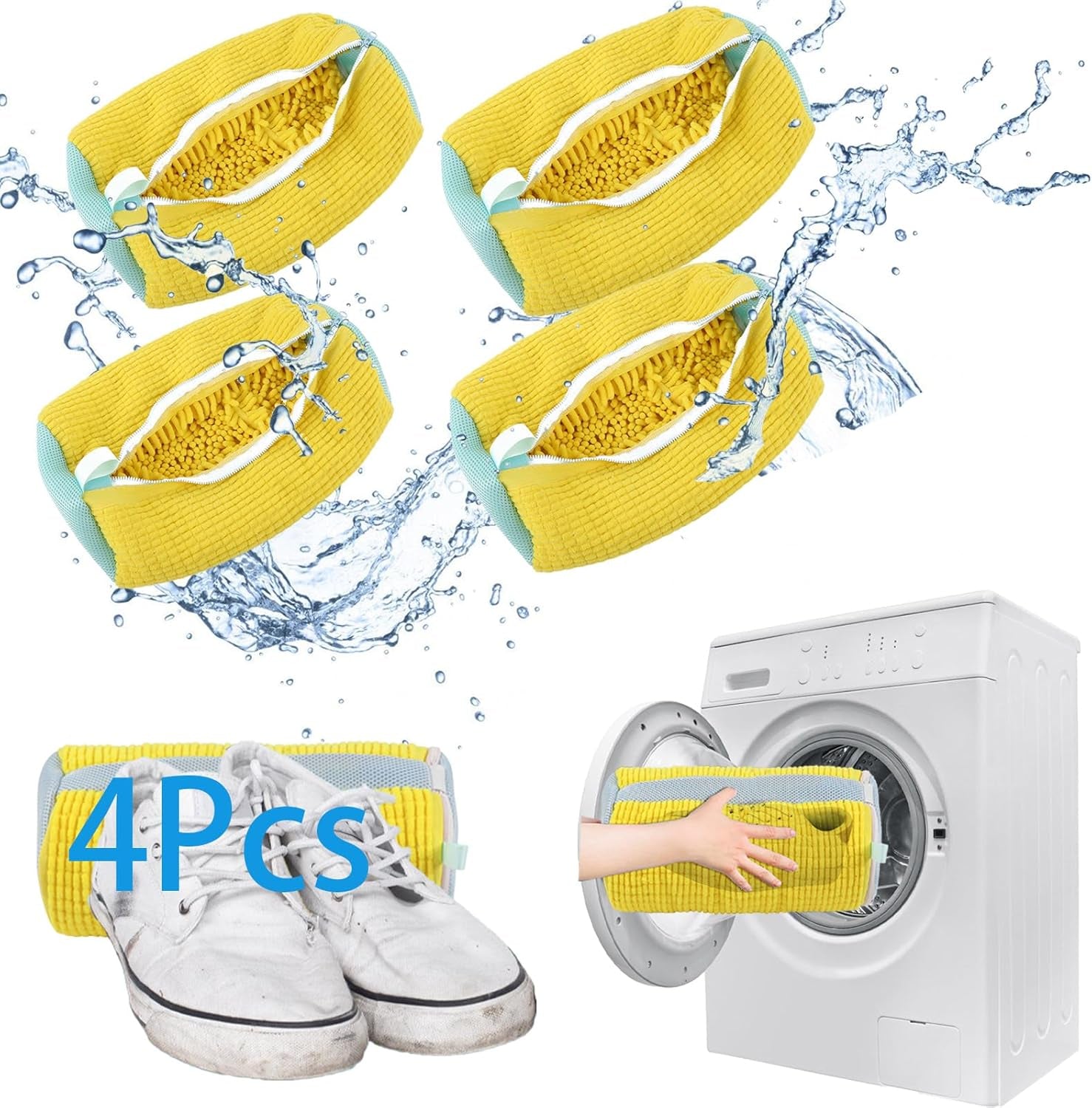 4 Pcs, 2024 Laundry Bags Mesh Wash Bags, Reusable Shoe Washing Machine Bag for All Shoes, Laundry Shoe Bag for 360° Deep Cleaning, Deluvo Shoe Cleaning Bag, Laundry Bag for Shoes (Yellow)