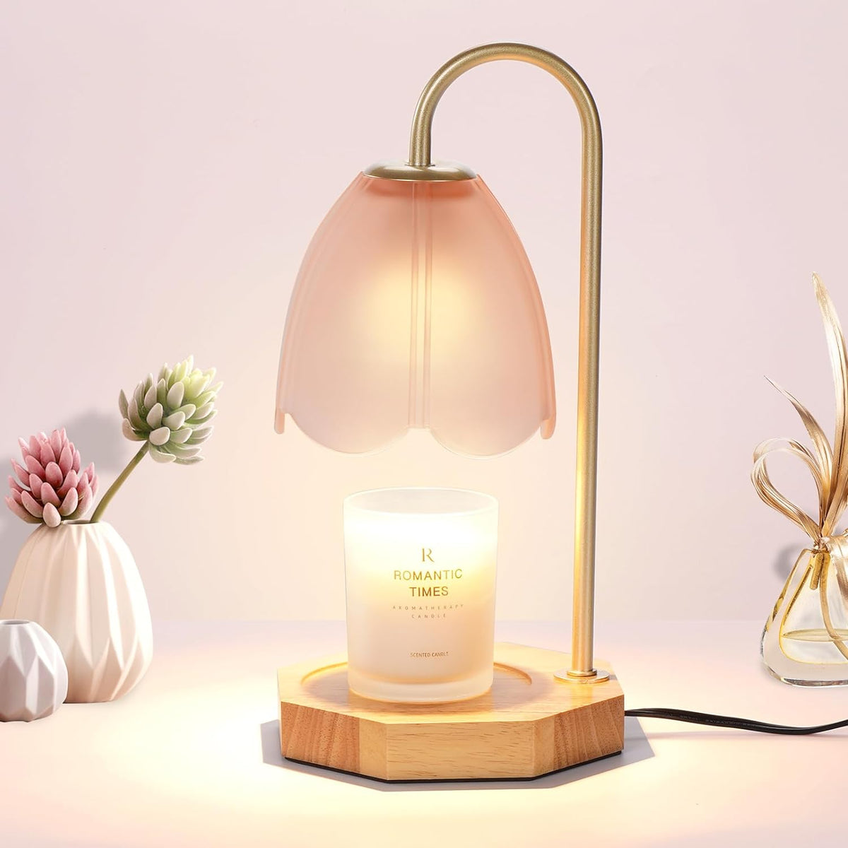 Candle Warmer Lamp with Timer, Vintage Candle Lamp-2 Bulbs Included, Dimmable Candle Wax Melter with Glass Flower Lampshade, Ideal Gift for House Warming, Elegant Home Decoration(Pink)