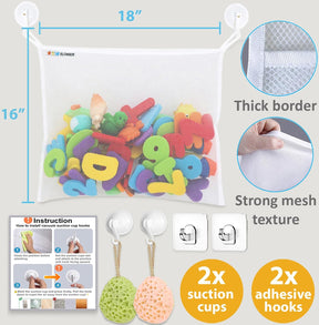 Bath Toy Net 18”X16” - Kids Bath Tub Toy Holder, Mesh Bag for Bath Toys, Baby Bathtub Toy Storage Organizer, Large Bathroom Bucket Bin - Toddler Shower Caddy Hanging Basket + 2 Suction Cups & 2 Hooks