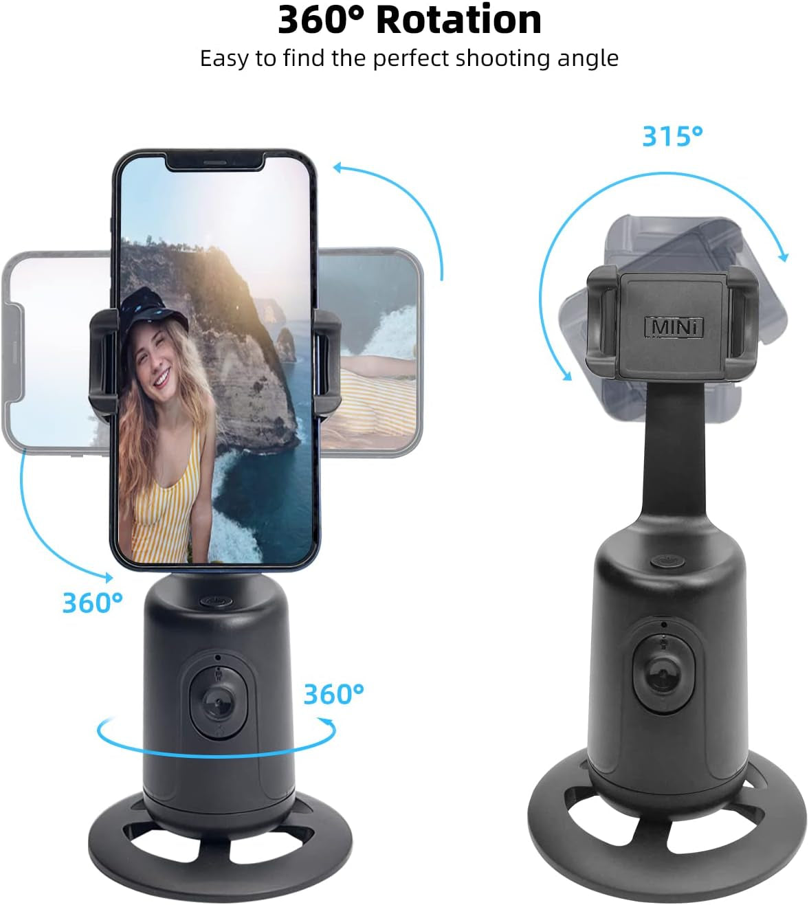 Auto Face Tracking Tripod, 360° Rotation Tracking Phone Holder, No App Required, Rechargeable Battery, Smart Selfie Stick, AI Smart Phone Holder for Streaming Video Live Vlog Chat (Black)