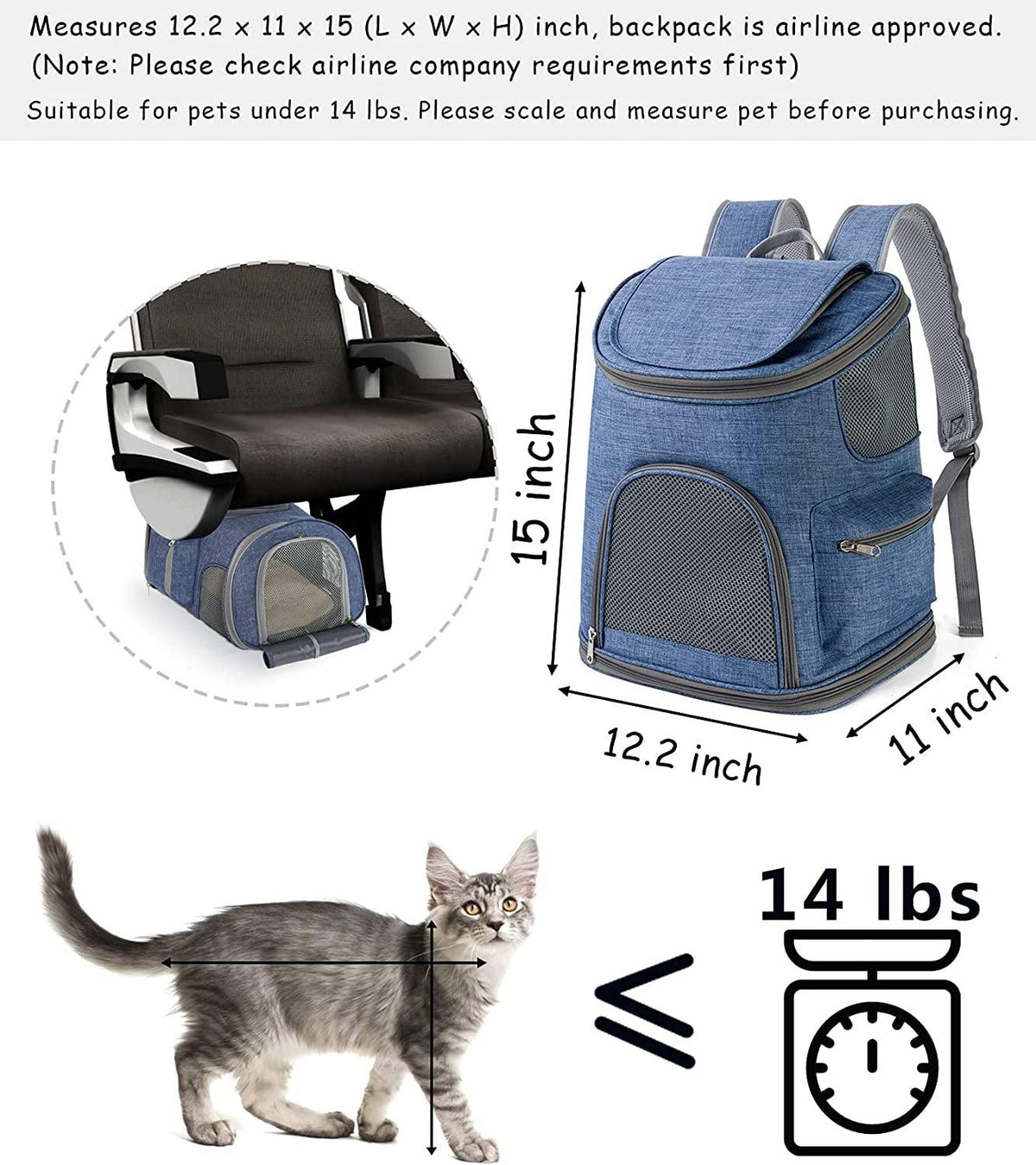 Small Pet Backpack Carrier - Cat Backpack Carrier Airline Approved - Pet Carrier Backpack for Small Dogs, Rabbits up to 14Lbs, Scratchproof Mesh Puppy Backpack for Cats, Escape-Proof Zipper