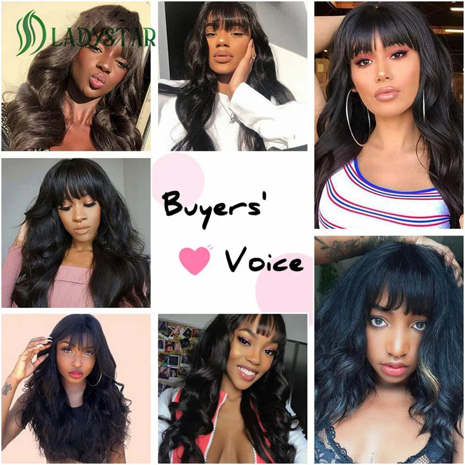 Body Wave Human Hair Wigs with Bangs Brazilian 30 Inch Full Machine Made Wig with Bang Long Natural Remy Human Hair for Women