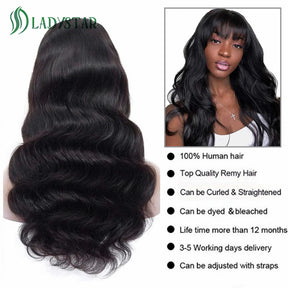 Body Wave Human Hair Wigs with Bangs Brazilian 30 Inch Full Machine Made Wig with Bang Long Natural Remy Human Hair for Women